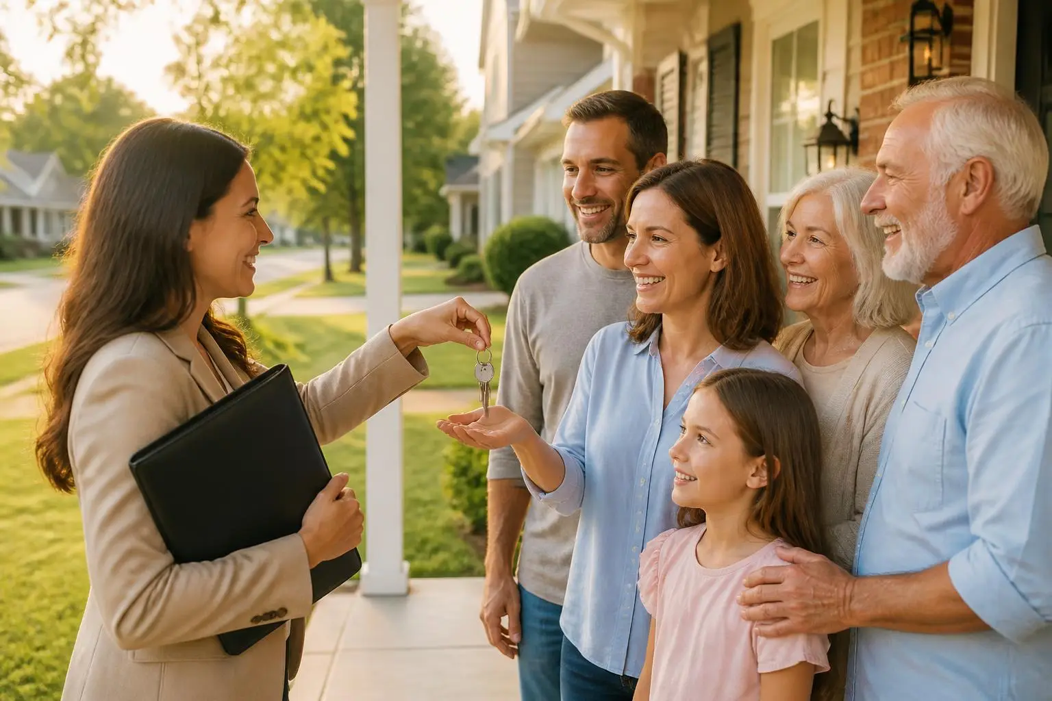 A local agent handing keys to a happy multigenerational family on their new North Mississippi porch